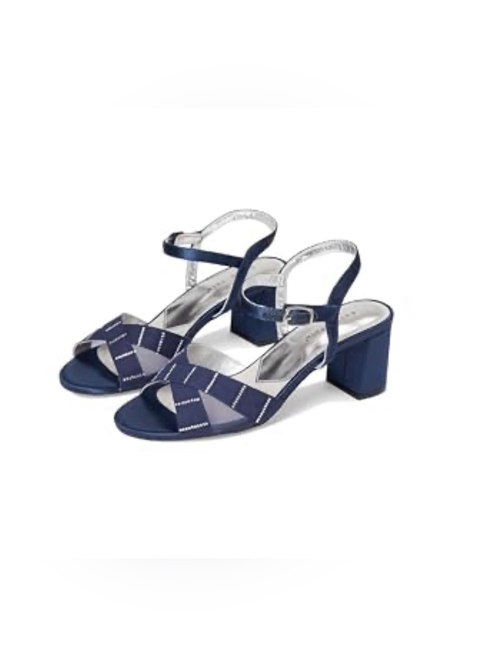 David Tate Navy Satin Block Heel Sandals with Crystal Accent. - NEW IN BOX
